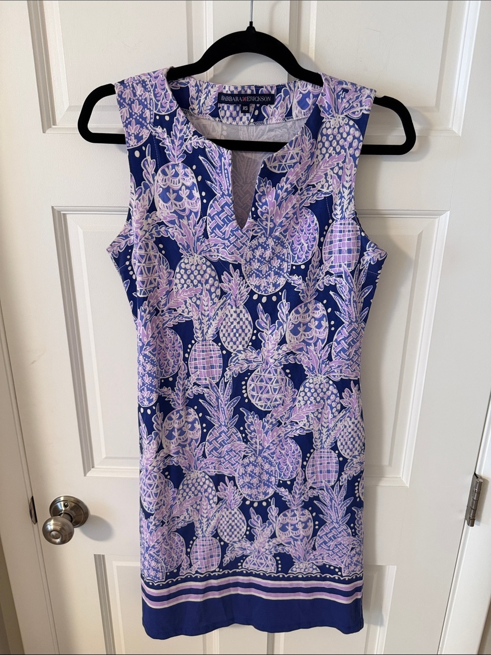 Barbara Erickson Pineapple Print Shift
Dress Navy Purple XS Resort Beachy Vacay